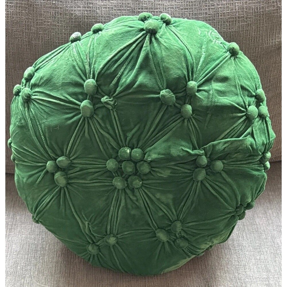 Vintage Throw Pillow Green Jewel Tone Decorative Round Cottage Core Emerald